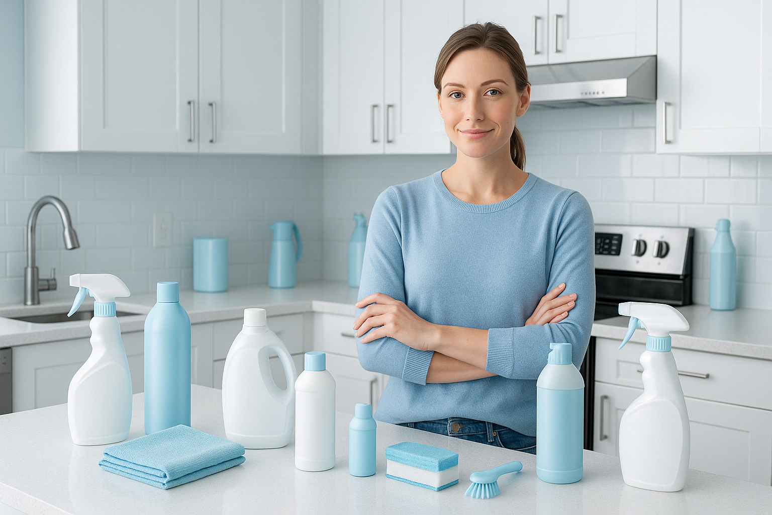 haz una imagen en la que aparezca una mujer en una cocina moderna en la que haya muchos productos de limpieza modernos. En la imagen deben predominar los colores blanco y azul cielo claro, todo debe ser superrealista